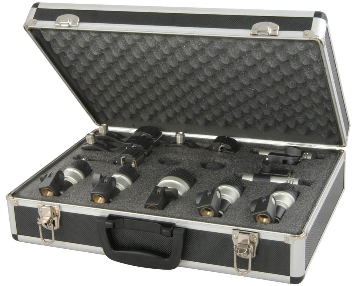 Image of the CHORD DMK73 Drum Microphone Kit, a 7 piece set with rim clamps, showcasing the microphones and accessories included in the kit.