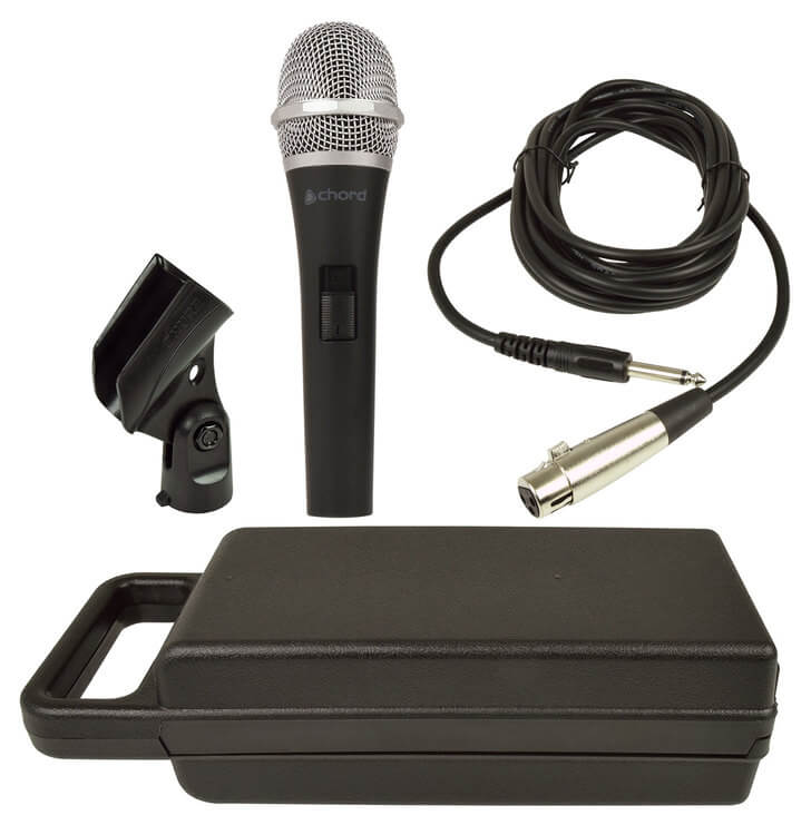 Chord DM04 Vocal Dynamic Microphone with included cable, clip, and carry case.