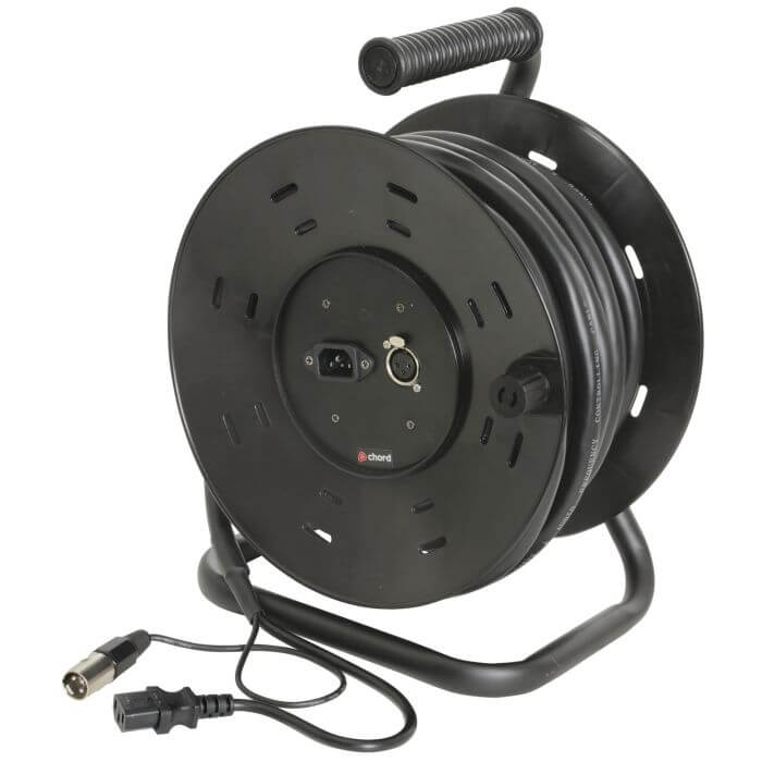 Chord 20M XLR/IEC Multicore Extension Reel showcasing power and audio cable features.