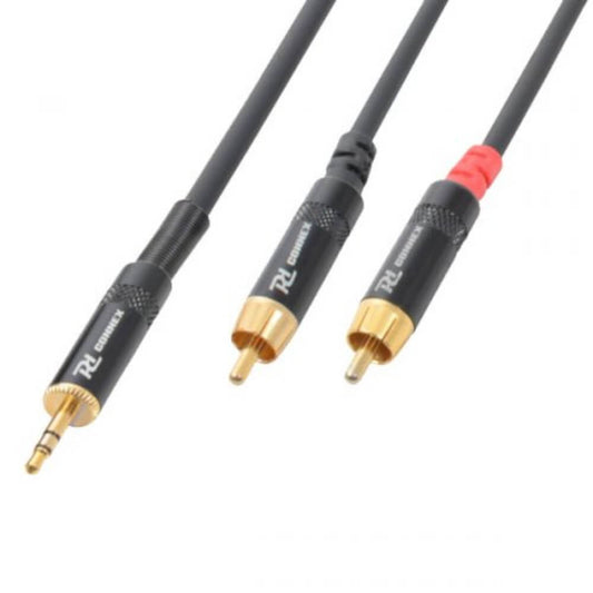 Power Dynamics CX85-3 3.5mm Jack to 2 RCA Male Signal Lead, 3 meters long, suitable for audio connections.
