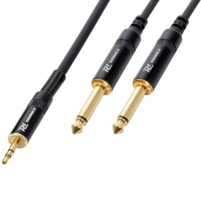 Power Dynamics Connex 3M Signal Lead featuring a 3.5mm stereo connector and dual 6.3mm male connectors.