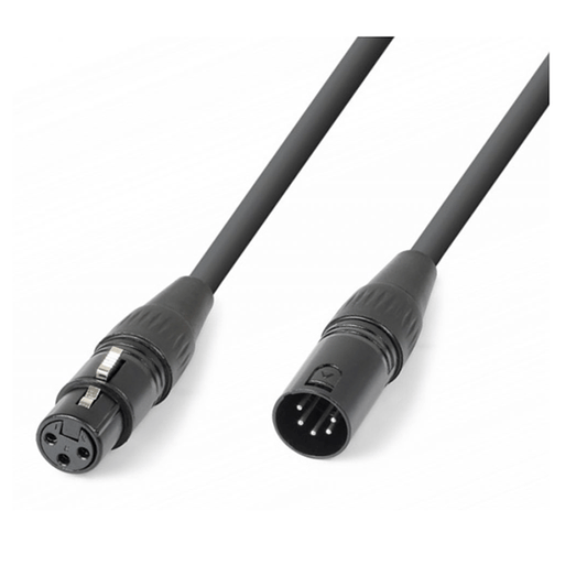 Power Dynamics Connex DMX3M5F converter with a 5P XLR socket and 3P XLR plug, 100mm in length.