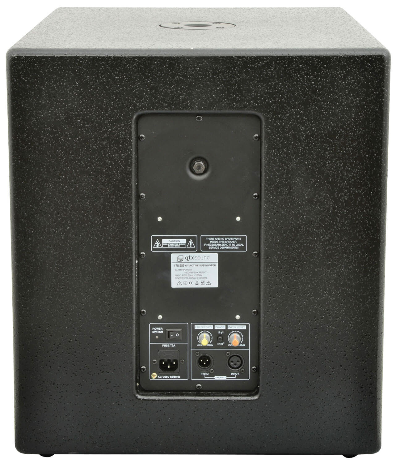 QTX QLB15A Active Subwoofer, a powerful 15-inch subwoofer designed for DJs and events, showcasing its robust build and audio capabilities.