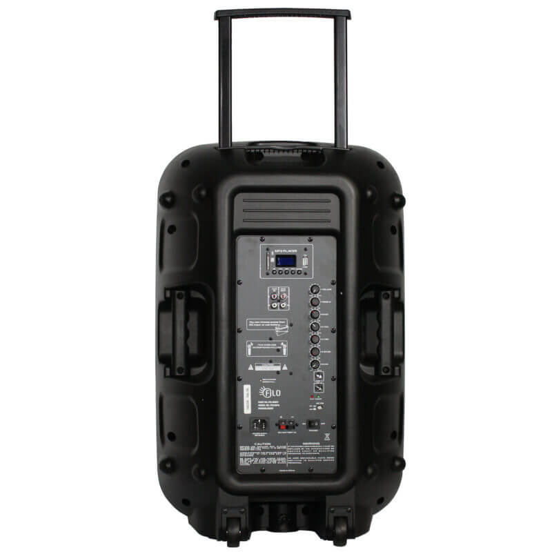 Filo FCA12PA Portable PA System featuring 2 UHF microphones and various connectivity options including MP3, USB, SD, FM, and Bluetooth.