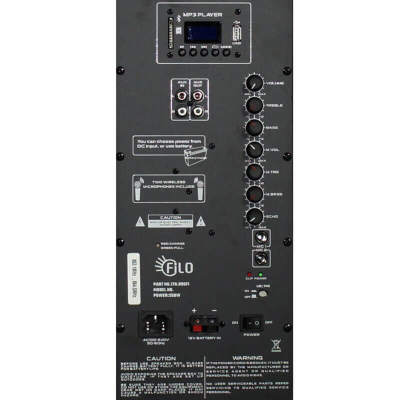 Filo FCA12PA Portable PA System with 2 UHF Microphones, featuring MP3, USB, SD, FM, and Bluetooth capabilities, 12-inch speaker.