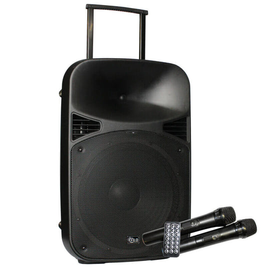 Filo FCA12PA Portable PA System featuring two UHF microphones and various connectivity options including MP3, USB, SD, FM, and Bluetooth, with a 12-inch speaker.
