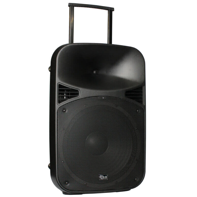 Filo FCA12PA Portable PA System featuring 2 UHF Microphones and connectivity options including MP3, USB, SD, FM, and Bluetooth, with a 12-inch speaker.