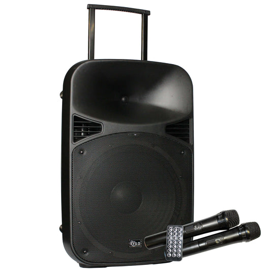 Filo FCA15PA Portable PA System featuring a 15-inch speaker, two UHF microphones, and connectivity options including MP3, USB, SD, FM, and Bluetooth.