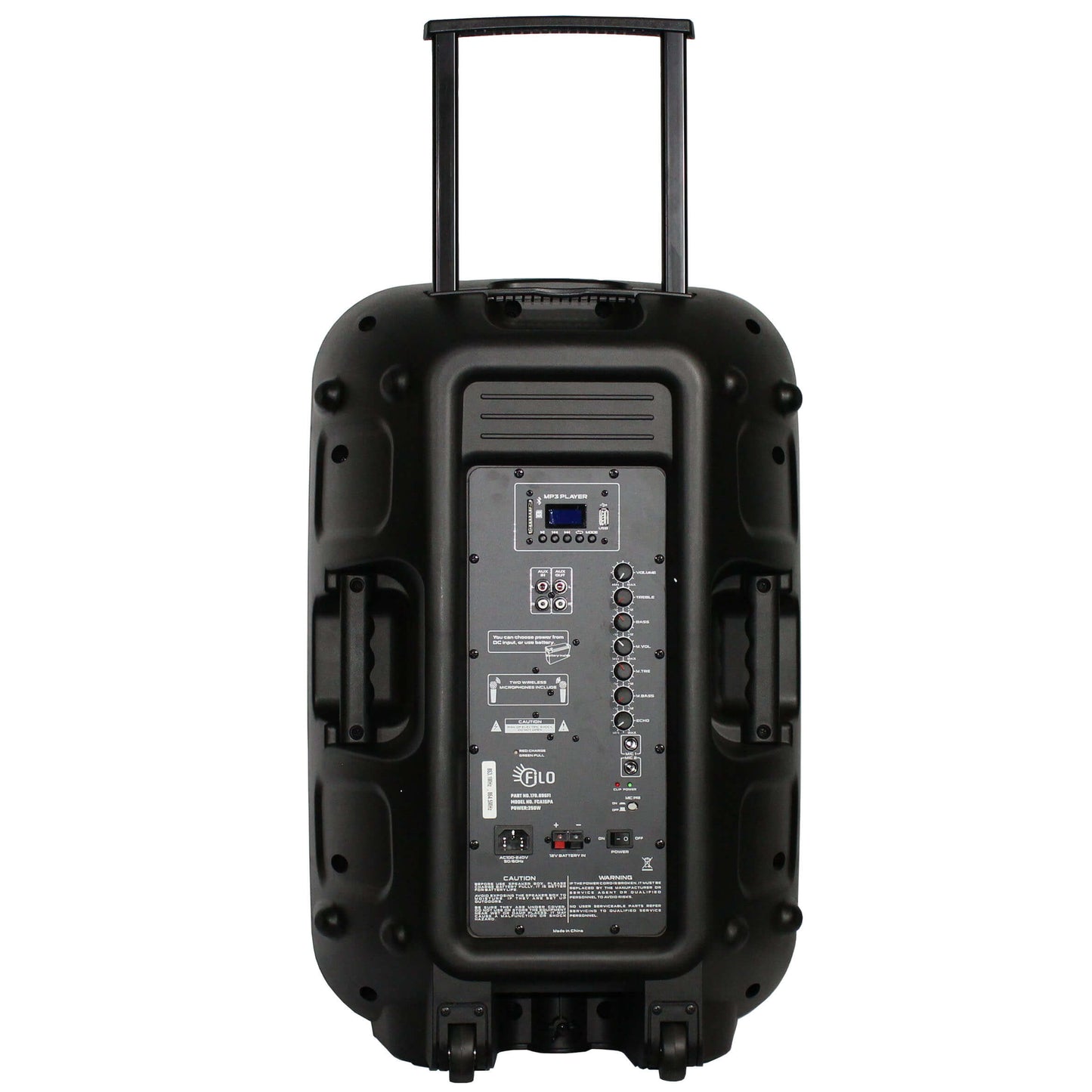 Filo FCA15PA Portable PA System featuring a 15-inch speaker, two UHF microphones, and connectivity options including MP3, USB, SD, FM, and Bluetooth.