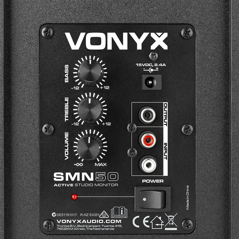 VONYX SMN50B Active Studio Monitor Speakers in black, featuring 5-inch woofers and included isolation pads.