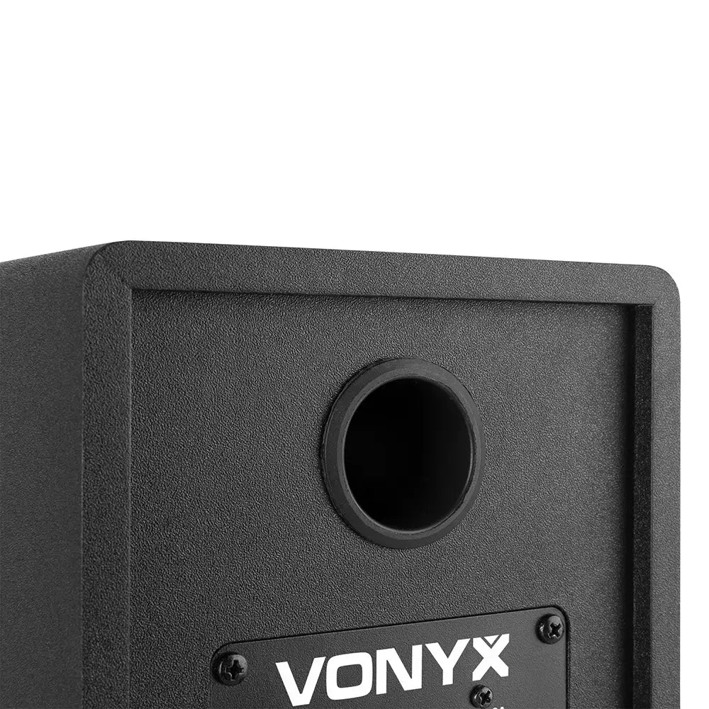 VONYX SMN50B Active Studio Monitor Speakers in black with isolation pads, showcasing a pair of 5-inch speakers.