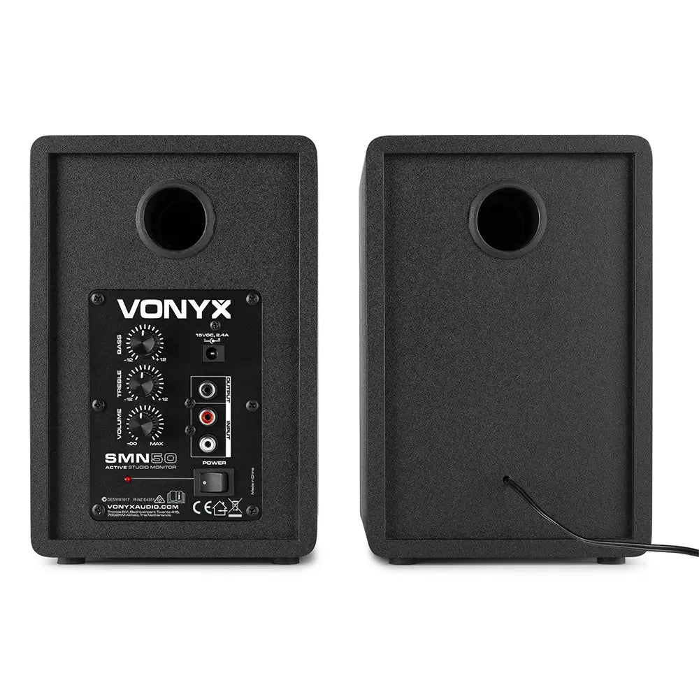 VONYX SMN50B Active Studio Monitor Speakers in black, featuring a 5-inch speaker size and included isolation pads.