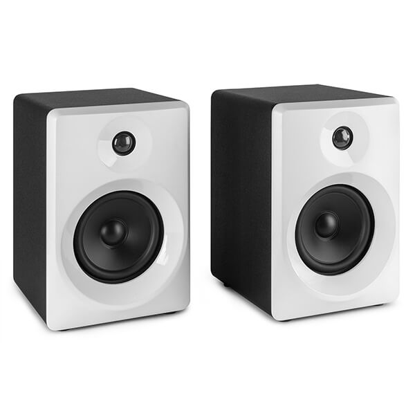 VONYX SMN50W Active Studio Monitor Speakers in white, showcasing a pair of 5-inch speakers designed for studio use.