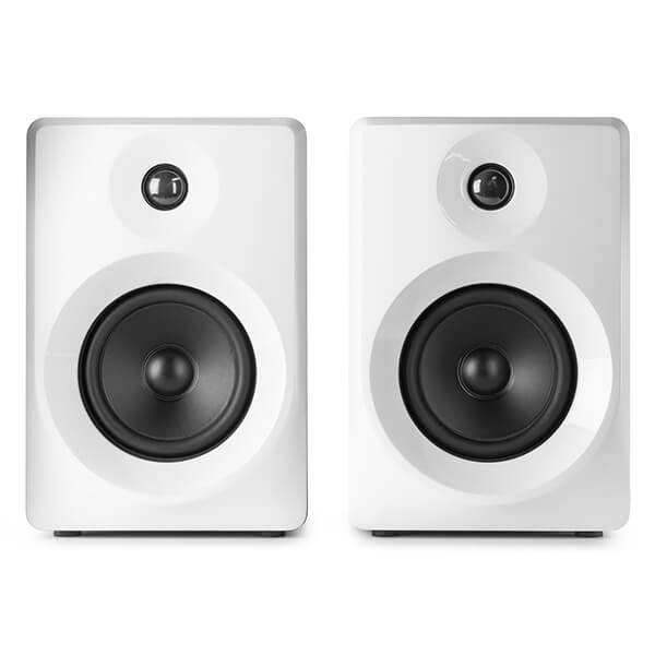 VONYX SMN50W Active Studio Monitor Speakers in white, showcasing a pair of 5-inch speakers designed for studio use.