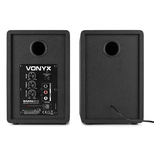 VONYX SMN50W Active Studio Monitor Speakers in white, featuring a sleek design and 5-inch drivers, ideal for professional audio monitoring.