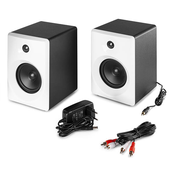 VONYX SMN50W Active Studio Monitor Speakers in white color, showcasing a pair of 5-inch speakers designed for studio use.