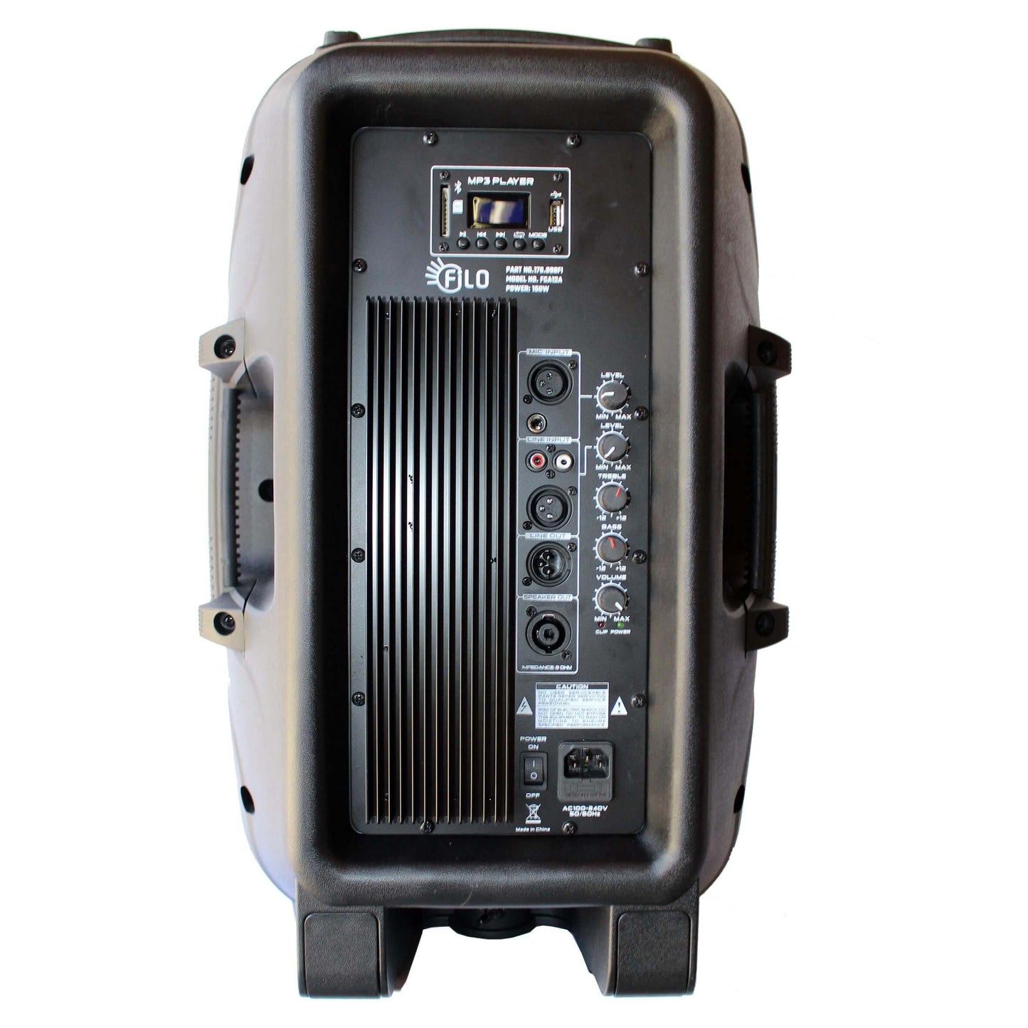 FILO FCA15A Active Moulded Speaker featuring a 15-inch driver, 200W power, and connectivity options including MP3, USB, SD, FM, and Bluetooth.