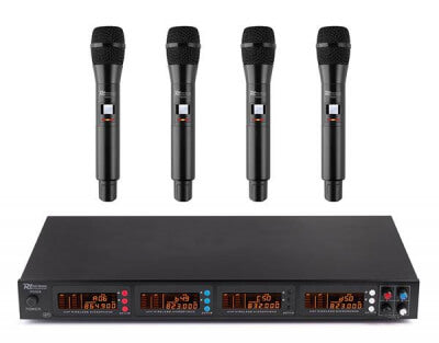 PDM PD504H QUAD UHF Wireless Microphone System featuring four handheld microphones, showcasing its design and features.