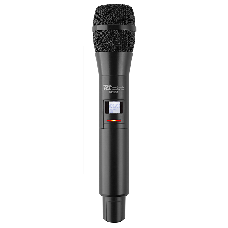 Power Dynamics PD504HH UHF Replacement Handheld Microphone in black, designed for professional audio use, operating in the frequency range of 826.300 - 831.200MHz.