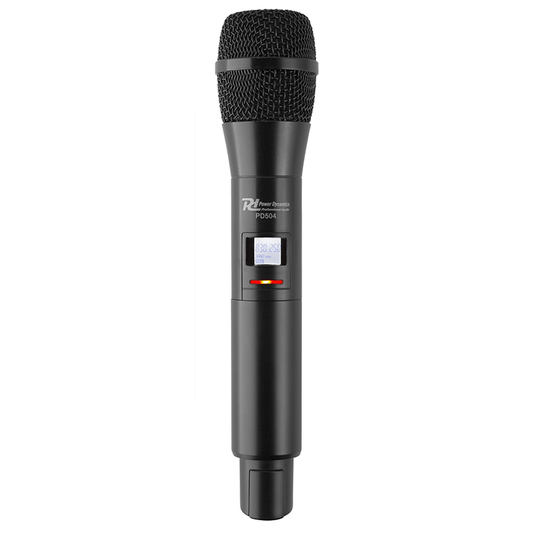 Power Dynamics PD504HH UHF Replacement Handheld Microphone in black, designed for professional audio use, operating in the frequency range of 826.300 - 831.200MHz.