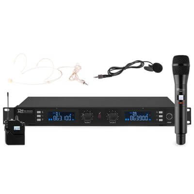 Power Dynamics PD632C UHF Wireless Microphone System featuring a handheld and bodypack microphone combo.