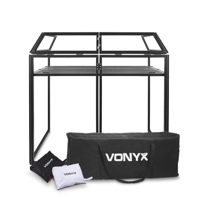 Complete professional DJ booth system by VONYX, featuring a sleek design and portable carry bags.