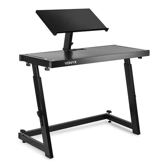 VONYX DB10 Mobile DJ Stand showcasing adjustable height features for mixers, laptops, and controllers.