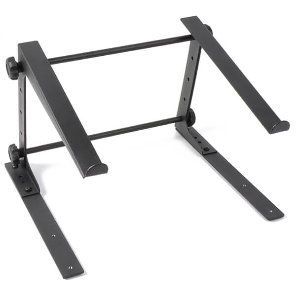 Power Dynamics DJLS1 Laptop Stand for DJs, showcasing its adjustable height and portable design, ideal for DJs on the go.