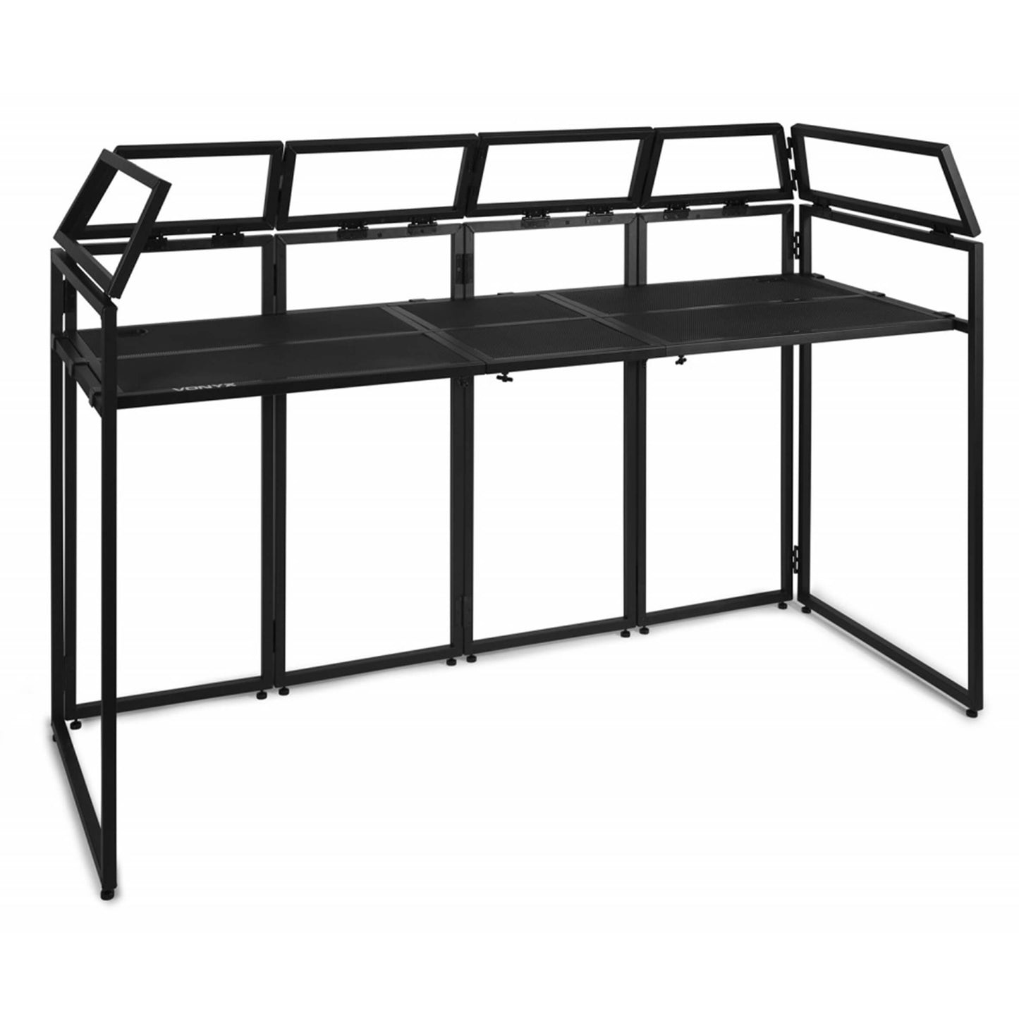 VONYX DB5 PRO DJ BOOTH, a large and lightweight aluminum folding DJ booth with a Lycra cover, displayed in a professional setting.