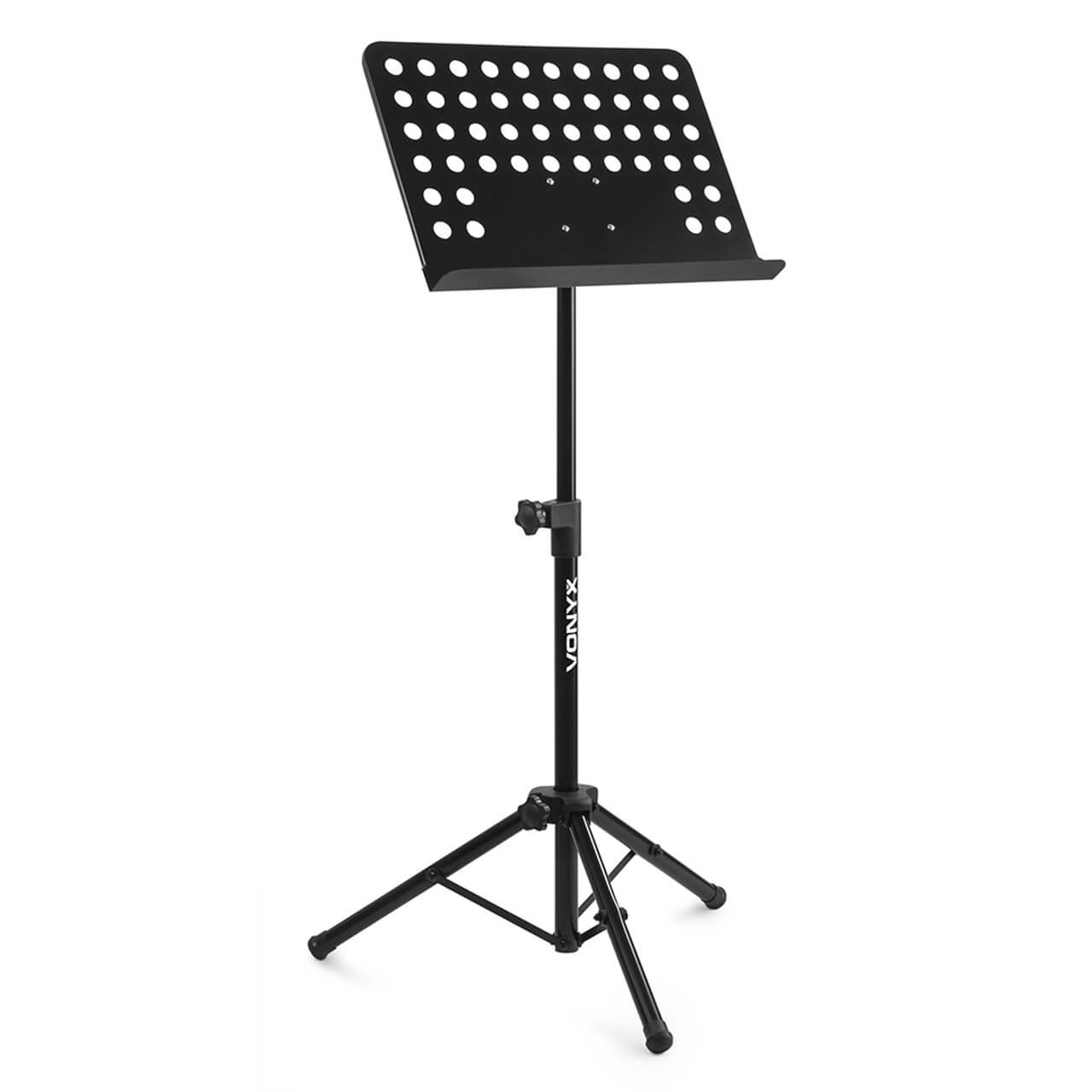VONYX MSS01 Orchestra Music Sheet Stand featuring a lightweight metal construction and adjustable height, ideal for musicians.