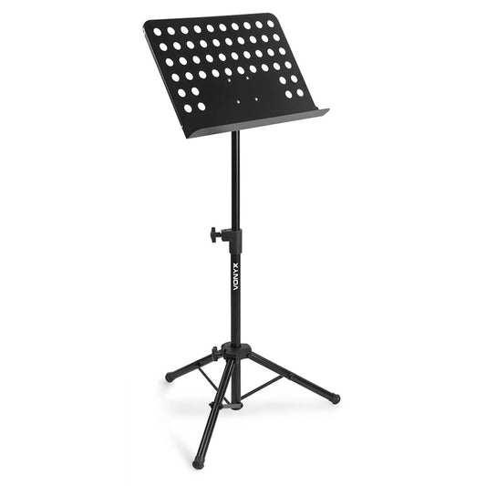 VONYX MSS01 Orchestra Music Sheet Stand featuring a lightweight metal construction and adjustable height, suitable for musicians.
