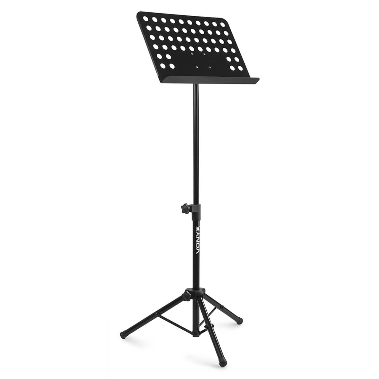 VONYX MSS01 Orchestra Music Sheet Stand featuring a lightweight metal construction and adjustable height, ideal for musicians.