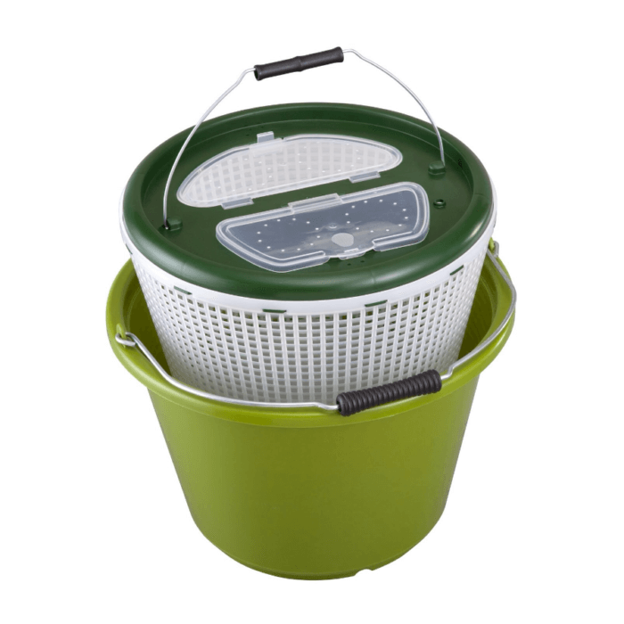 Olive Green Bait Bucket Kit designed for freshwater fishing, featuring an 18-litre capacity.