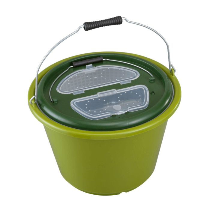 Olive green bait bucket kit designed for freshwater fishing, featuring an 18-litre capacity.