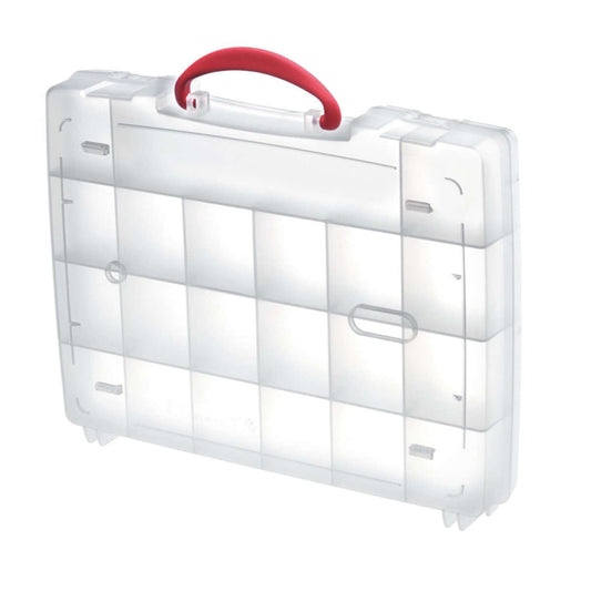 Transparent polypropylene organiser box with 21 compartments, ideal for organizing small items.