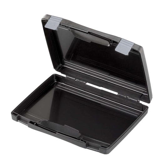 Black polypropylene carry case, empty, measuring 260x210x76mm.