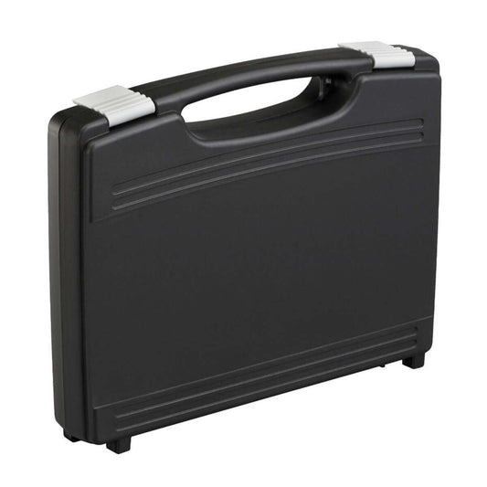 Black polypropylene carry case, empty, measuring 370x310x122mm.