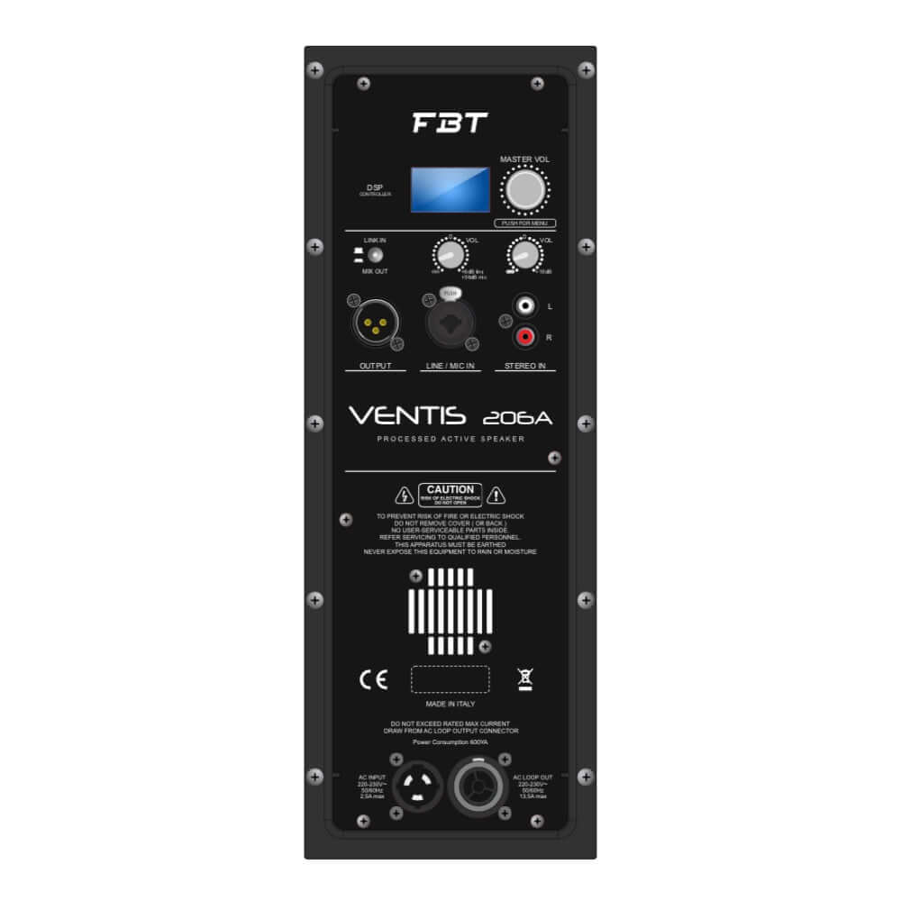 Control panel of the FBT VENTIS206A 700W + 200W RMS processed active speaker.