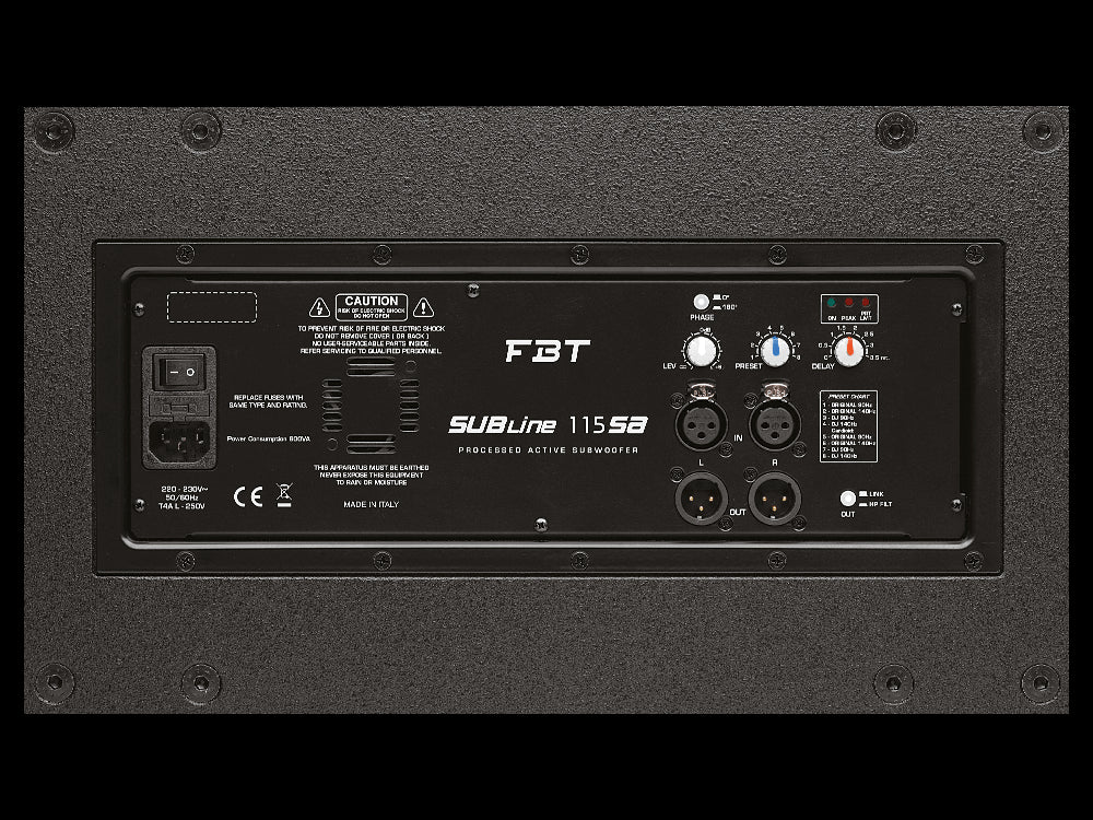 Image of the FBT SUBLINE115SA 15 inch 700W RMS Reflex Active Subwoofer showing its control panel and design features.