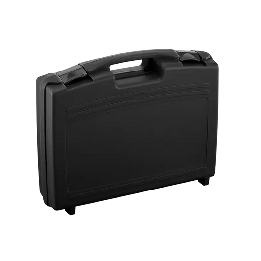 Black polypropylene carry case, model SP PAN 170/44H114, empty with dimensions 448x364x114mm.