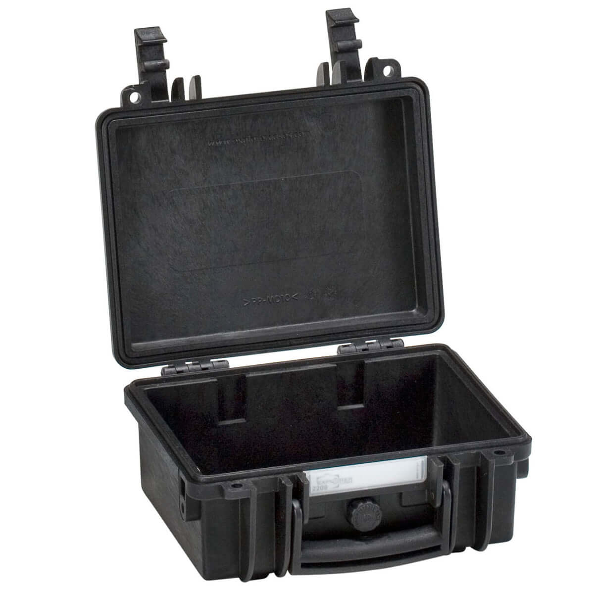 Black polypropylene carry case with cubed foam interior, dimensions 448x364x148mm.