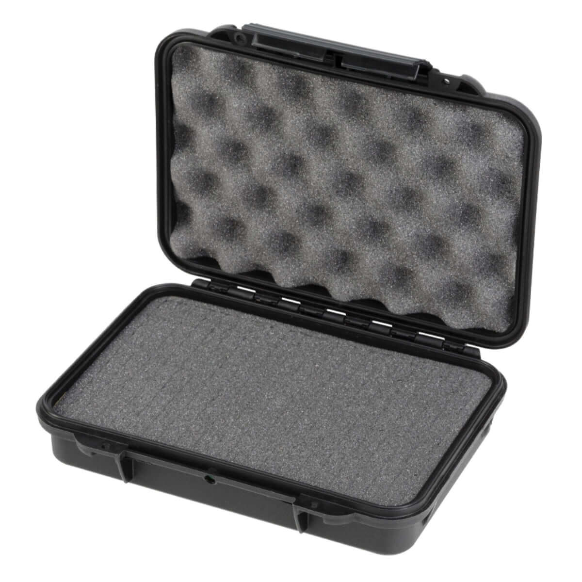 Black polypropylene carry case with cubed foam interior, measuring 448x364x148mm.