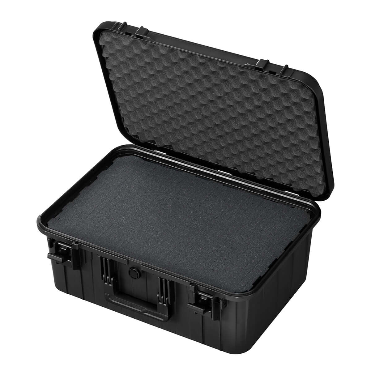 Black polypropylene carry case with cubed foam, dimensions 448x364x148mm.