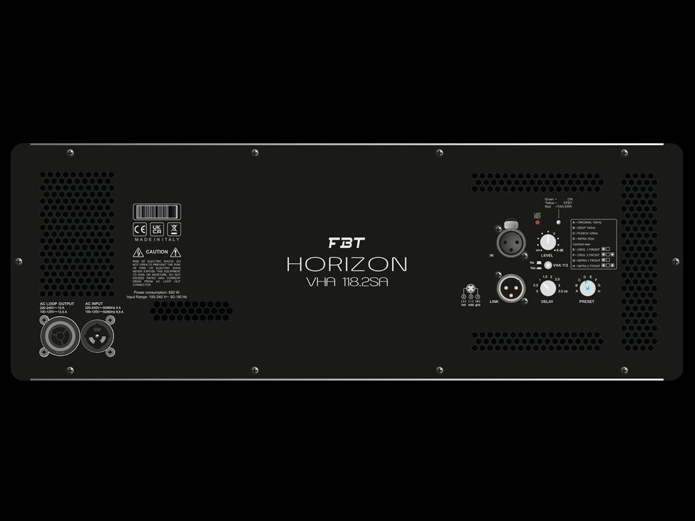 Image of the FBT VHA118.2SA Horizon 18 inch 2500W RMS Powered Subwoofer showing the front panel with controls and input options.