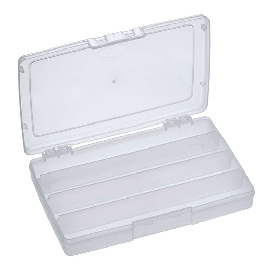 Transparent polypropylene organiser box with 4 compartments, ideal for storage and organization.