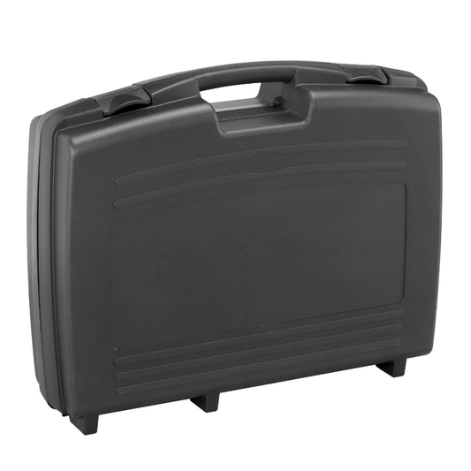 Black polypropylene carry case, empty, measuring 515x415x135mm.
