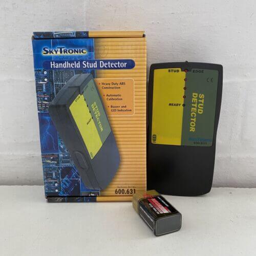 Skytronic handheld stud detector featuring heavy duty ABS construction with buzzer and LED indicator.