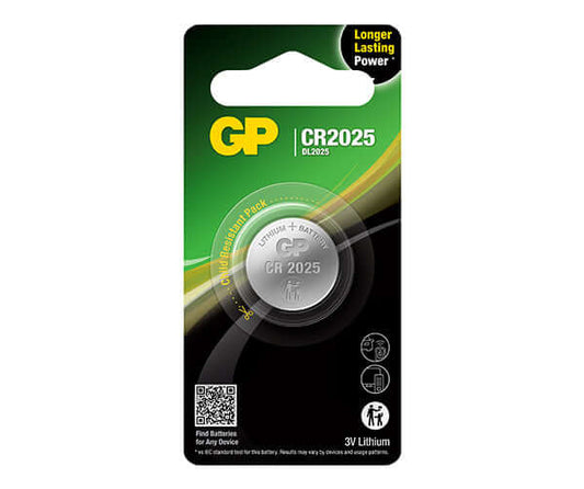 GPBATTERY CR2025 Lithium Coin Battery packshot, a high performance 3V button cell for miniature devices.