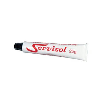 Image of Servisol 25g heatsink compound paste, designed for high thermal conductivity in electronics applications.