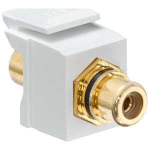 Leviton QuickPort RCA Connector with gold plating and black stripe, model 40830-BWE, displayed on a white background.